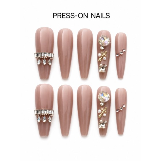 Nude Long Tapered Press‑On Nails, Luxury Rhinestone Pearl Cross Reusable Fake Nails